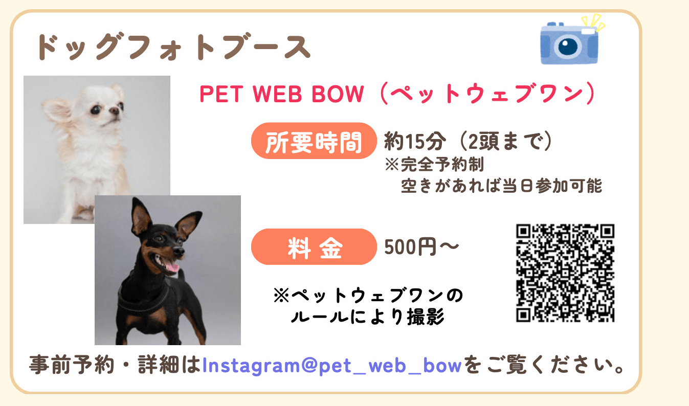 ドッグフォトブース,所要時間約15分,完全予約制,空きがあれば当日参加可能,料金500円から